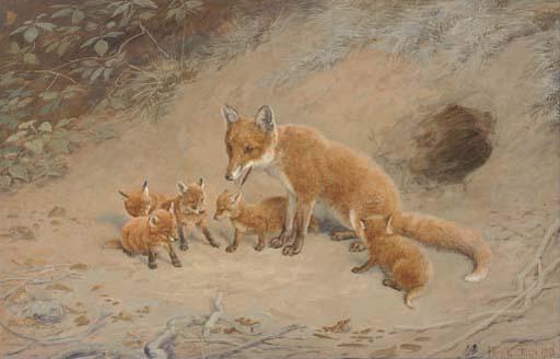 Frank Paton - A Fox With Her Cubs Before Their Den