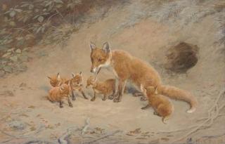Frank Paton - A Fox With Her Cubs Before Their Den