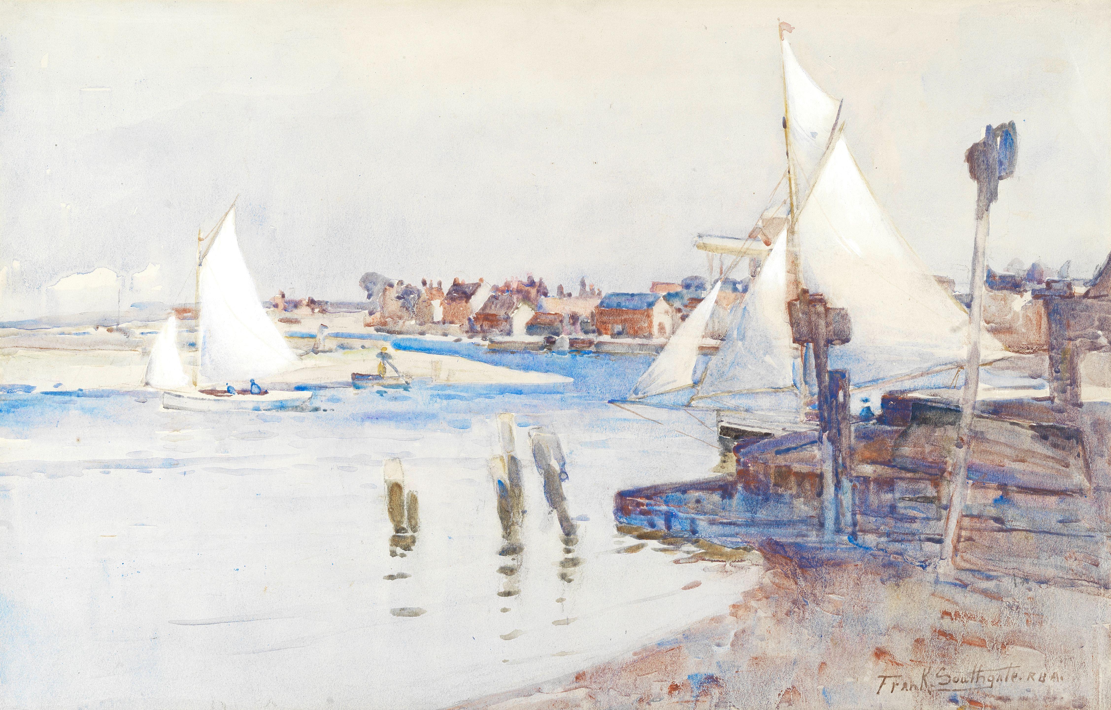Frank Southgate, R.B.A. - Wells Harbour, Norfolk And Drying Her Sails, Wells The First 48.3 X 68Cm (19 X 26 3/4In), The Second 34.6 X 68Cm (13 5/8 X 26 3/4In). (2)