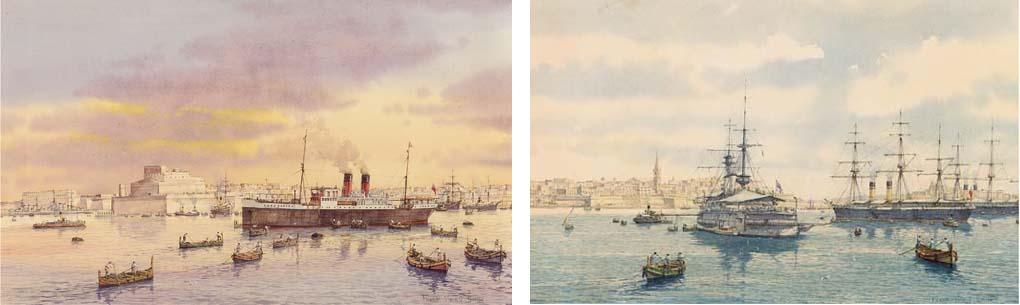 Frank Vining Smith - Knight of Malta in Grand Harbour, Valetta;  and P. & O. passenger liners lying in Grand Harbour, Valetta