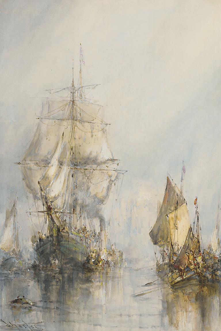 Frank Wasley - A trading vessel under tug escort with other vessels on the river crowded with spectators