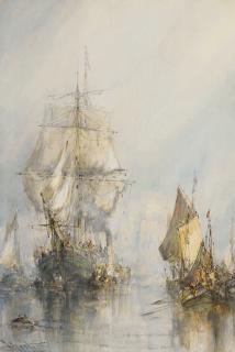 Frank Wasley - A trading vessel under tug escort with other vessels on the river crowded with spectators