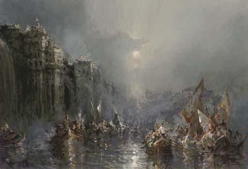 Frank Wasley - Crowded vessels off Venice by moonlight