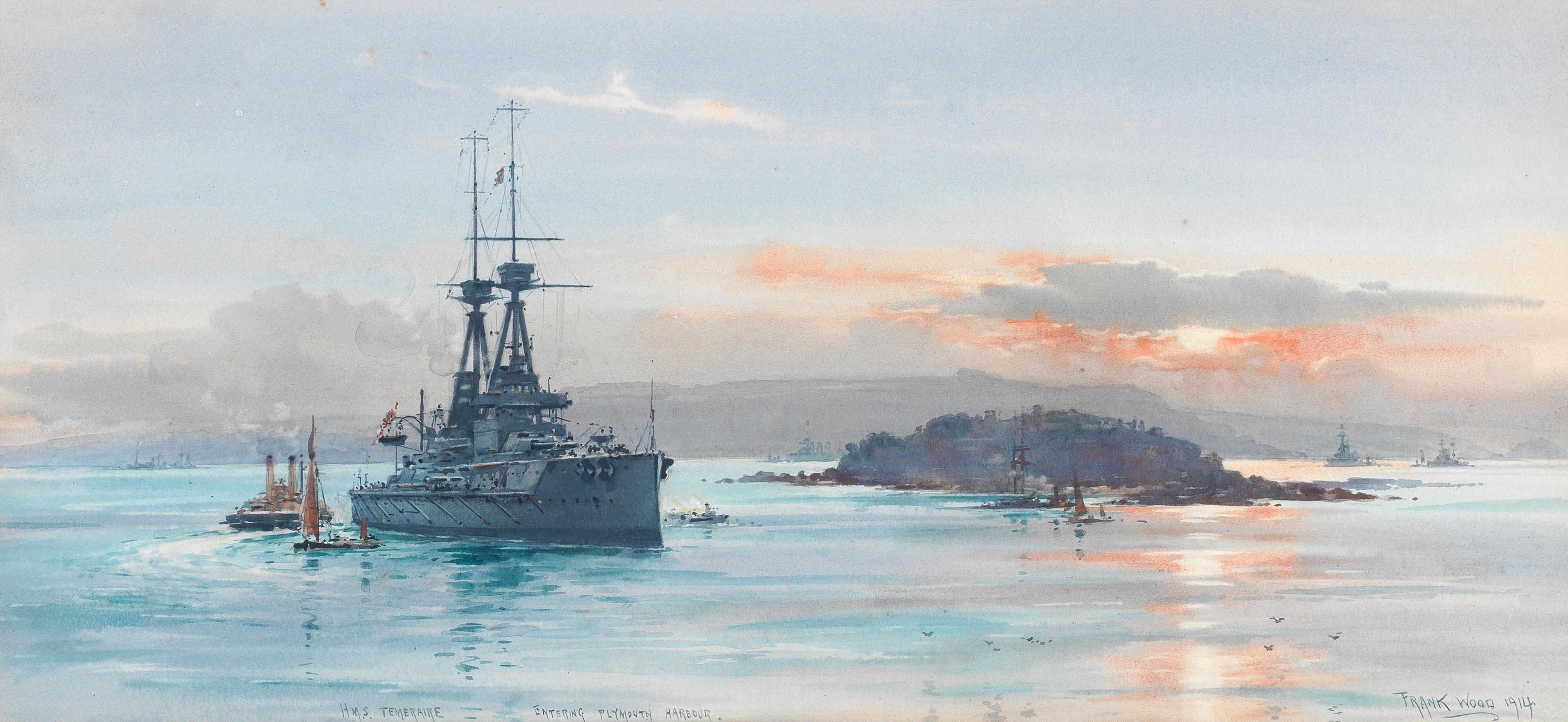 Frank Watson Wood - \'HMS Temeraire entering Plymouth Harbour\'
