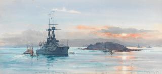 Frank Watson Wood - \'HMS Temeraire entering Plymouth Harbour\'