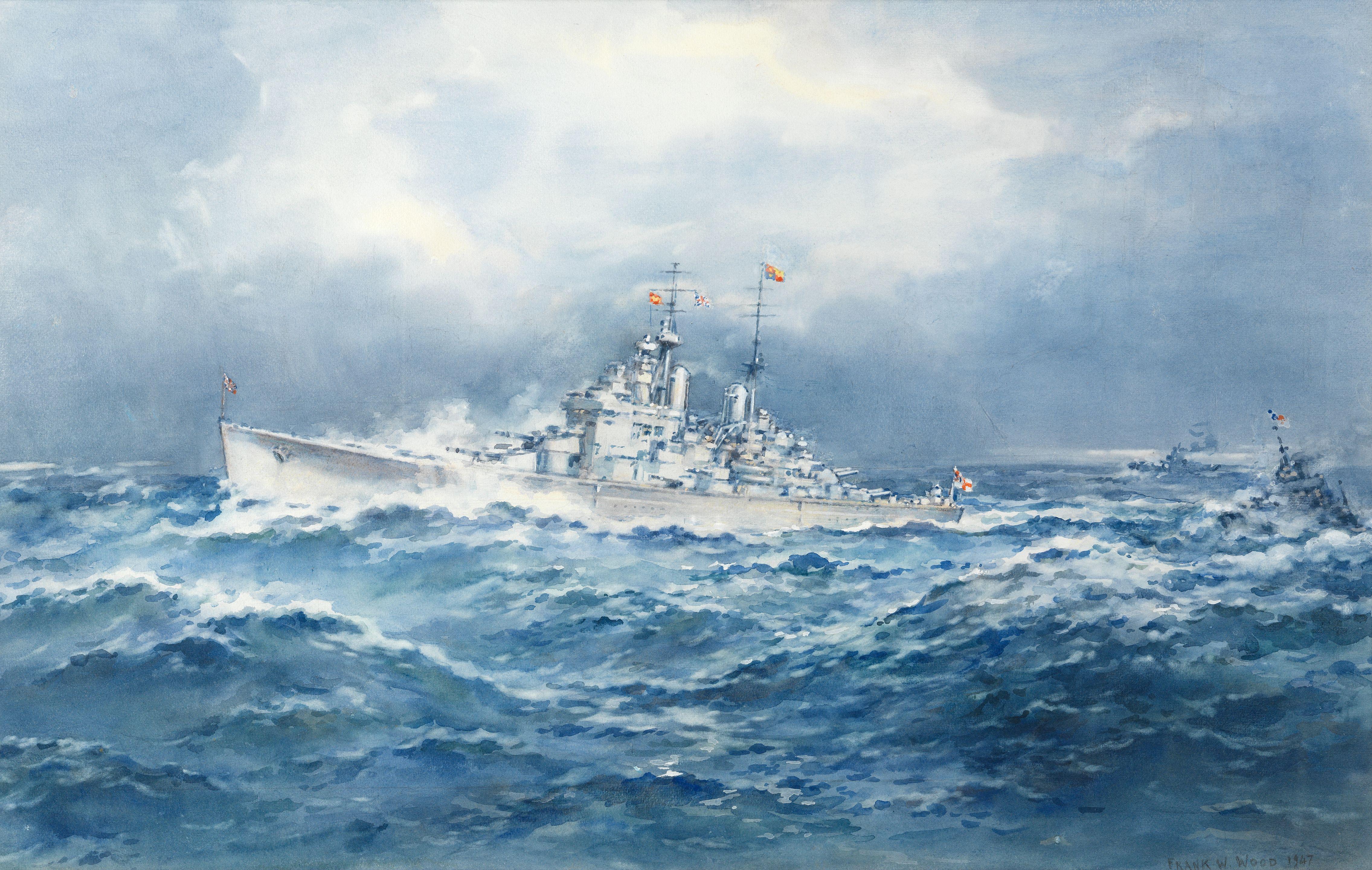 Frank Watson Wood - HMS Vanguard flying the royal standard with destroyer escort