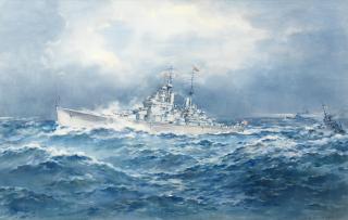 Frank Watson Wood - HMS Vanguard flying the royal standard with destroyer escort