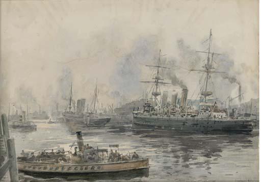 Frank Watson Wood - Shipping In A Busy Harbour