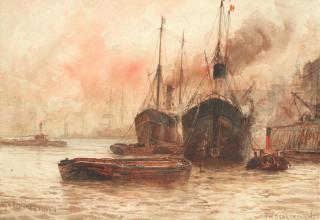 Frank William Scarbrough - \'Low Tide Pool of London\'; \'Off Wapping London\', a pair (2)