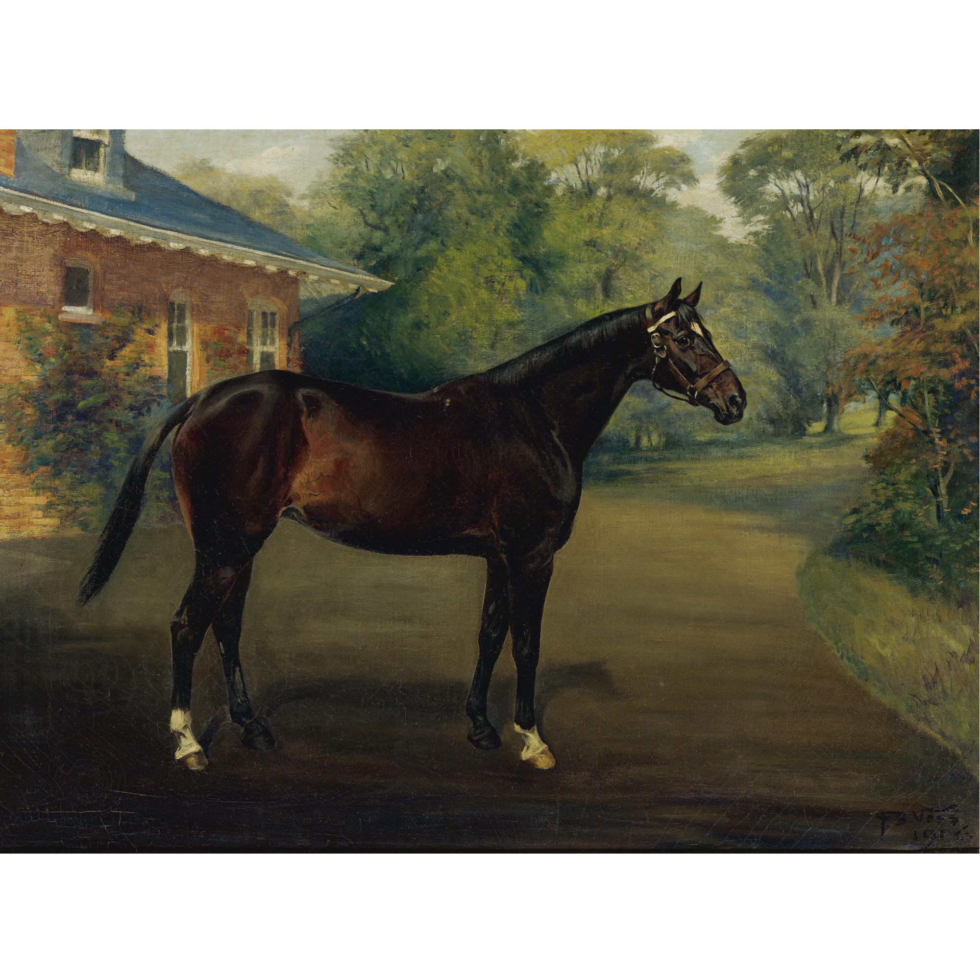 Franklin Brook Voss - American A Bay Horse Outside A Home