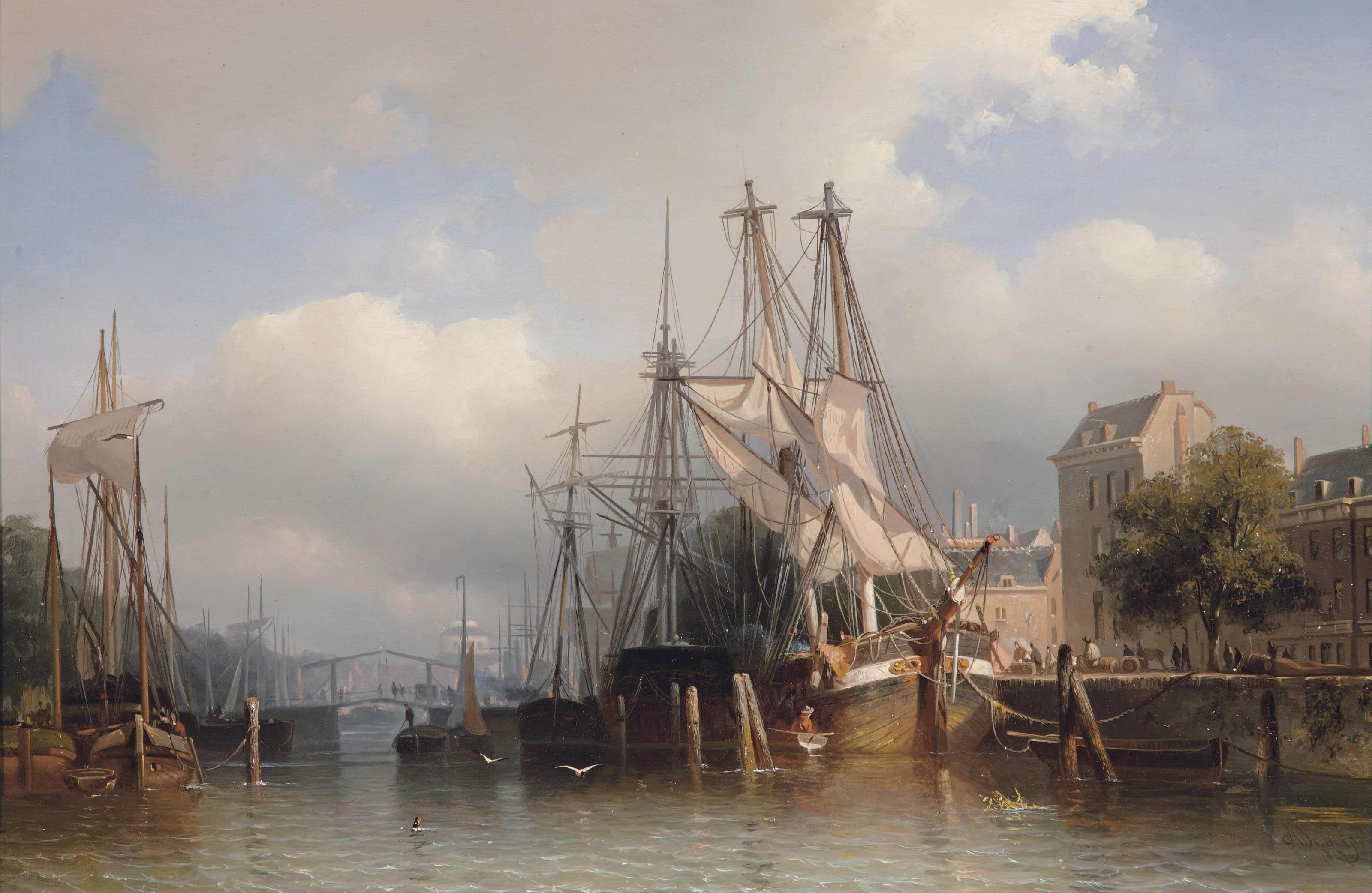 Frans Arnold Breuhaus de Groot - Rotterdam with a view of the Leuvehaven with the Steigerse Kerk in the distance