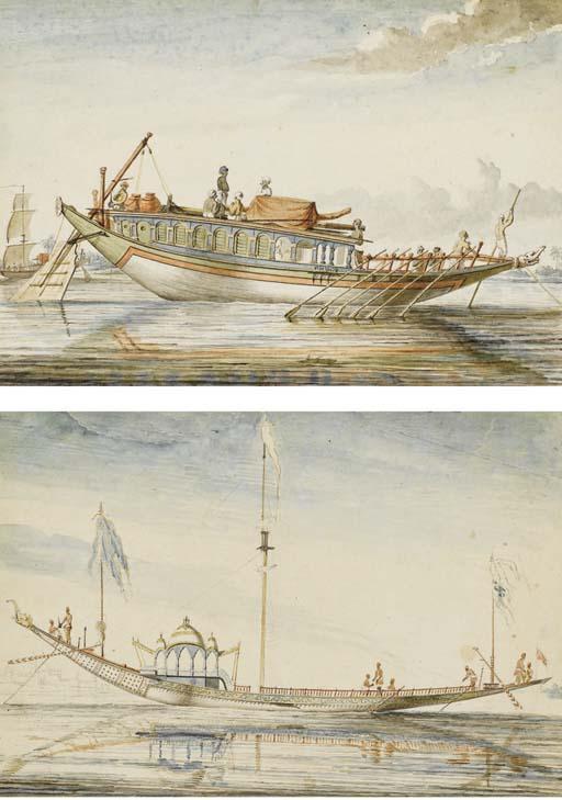 Frans Balthazar Solvyns - Un Feal-chara : un éléphant dirigeant un bateau de plaisance; Un Badjera ou Budjeirou : un bateau long-courrier voyageant sur le Gange