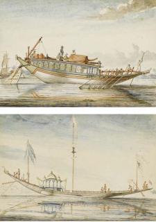 Frans Balthazar Solvyns - Un Feal-chara : un éléphant dirigeant un bateau de plaisance; Un Badjera ou Budjeirou : un bateau long-courrier voyageant sur le Gange