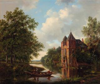 Frans Breuhaus De Groot - A river landscape with anglers in a rowingboat by a ruined mansion