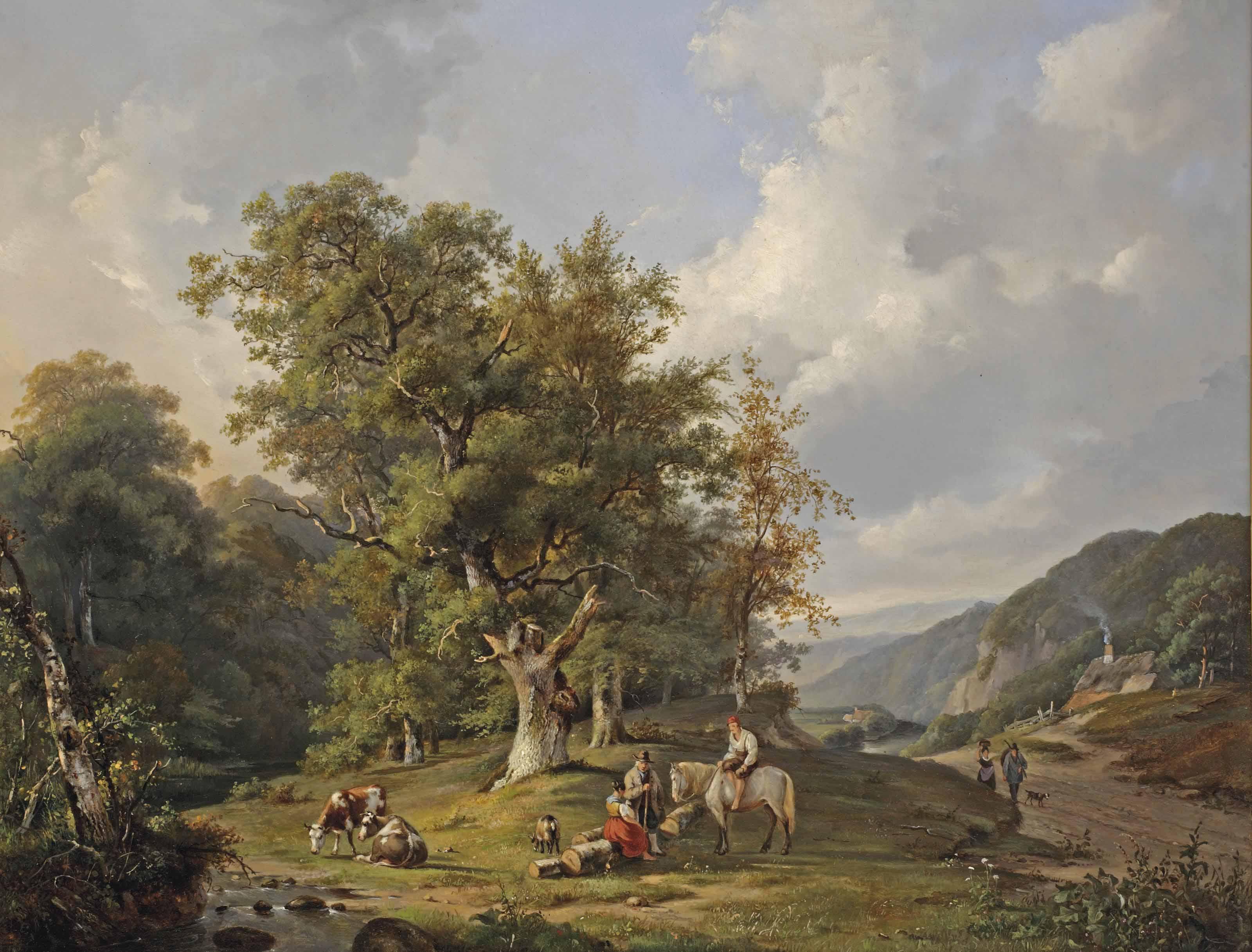 Frans Breuhaus de Groot - A wooded landscape with figures resting near a stream