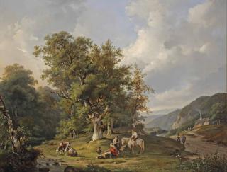 Frans Breuhaus de Groot - A wooded landscape with figures resting near a stream