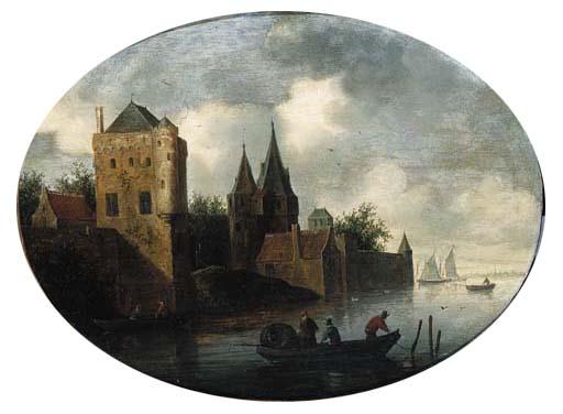 Frans De Hulst - A fortified town on a river, with fishermen in a rowing boat, on a cloudy day