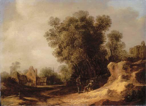 Frans de Hulst - A landscape with peasants resting on a bank, a village beyond