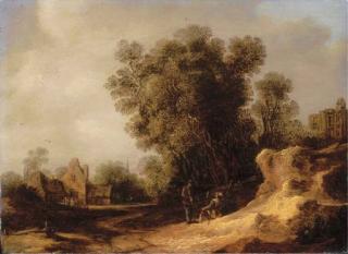 Frans de Hulst - A landscape with peasants resting on a bank, a village beyond