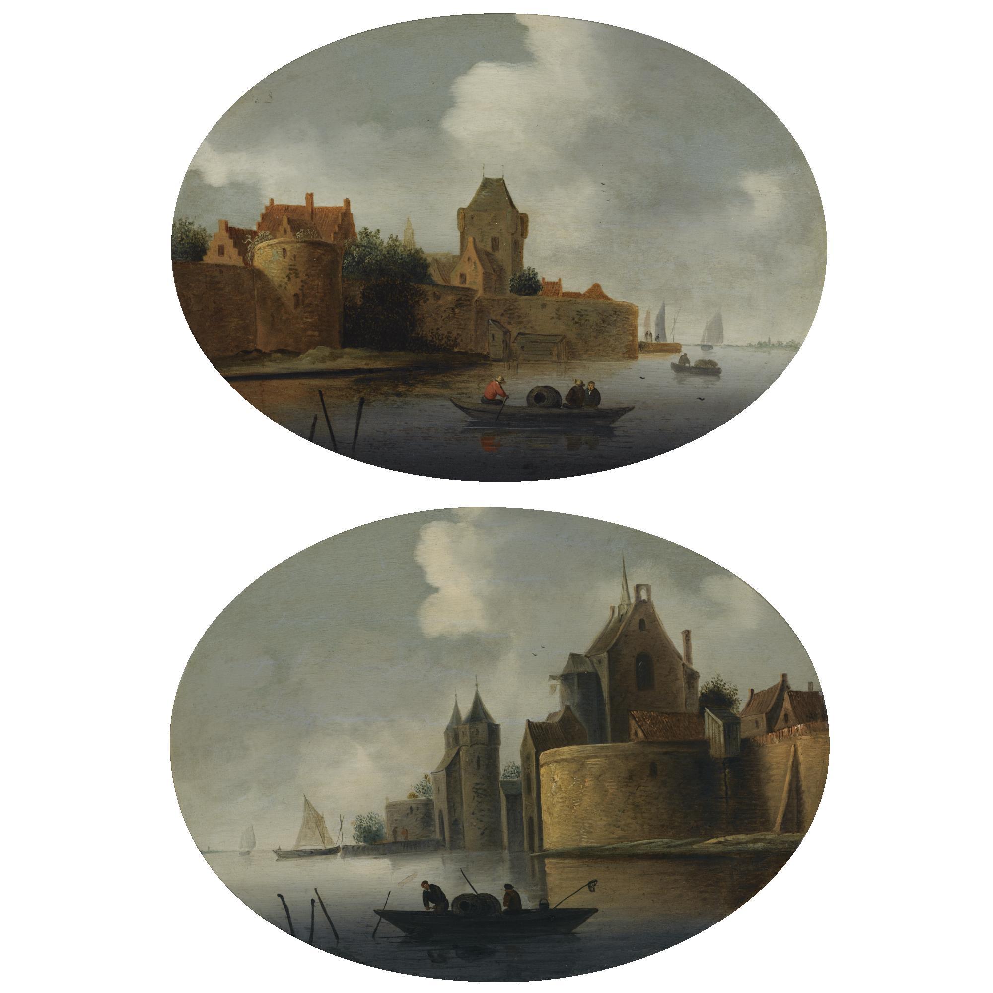 Frans de Hulst - A River Estuary With A Fortified Village On The Left Bank, A Rowing Boat In The Foreground; A Fortified Town By A River With Fishermen Hauling In Their Nets