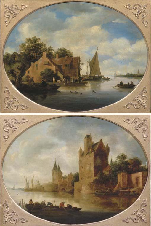 Frans de Hulst - A River Landscape With A Boathouse With Fishermen Unloading A Sailing Vessel, A Ferry Nearby; And A Fortified Town By A River With Fishermen Bringing In Their Nets