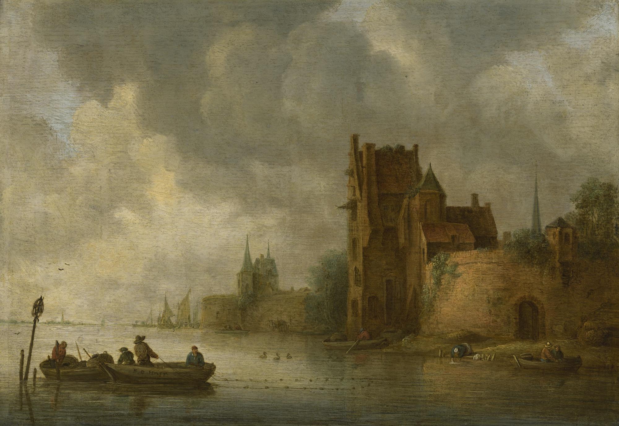Frans de Hulst - A River Landscape With A Castle And Fishing Boats In The Foreground