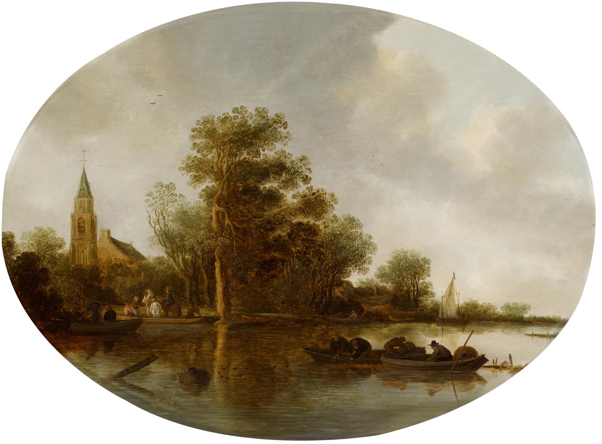 Frans De Hulst - A River Landscape With Fishermen And A Church In The Background 