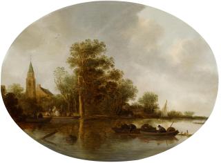 Frans De Hulst - A River Landscape With Fishermen And A Church In The Background 