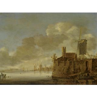 Frans de Hulst - River Landscape With A Fortified Town, A Windmill On The Right Bank, And A Rowing Boat With Figures In The Foreground