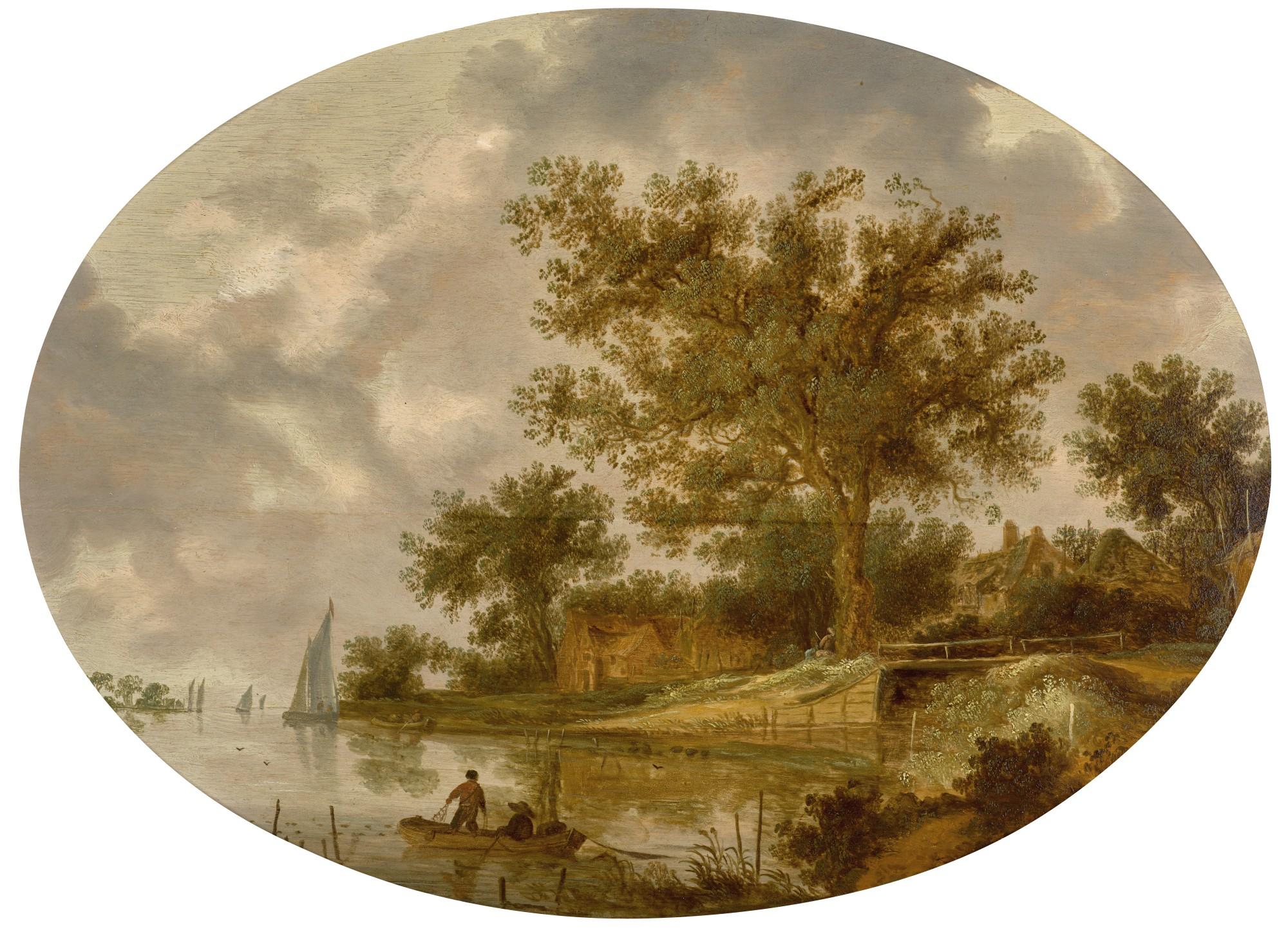 Frans De Hulst - River Landscape With Farm Buildings, And Figures In A Rowing Boat With A Fishing Net