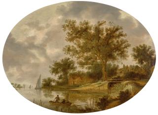 Frans De Hulst - River Landscape With Farm Buildings, And Figures In A Rowing Boat With A Fishing Net
