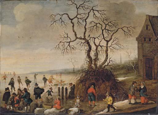 Frans de Momper - A frozen winter landscape with skaters