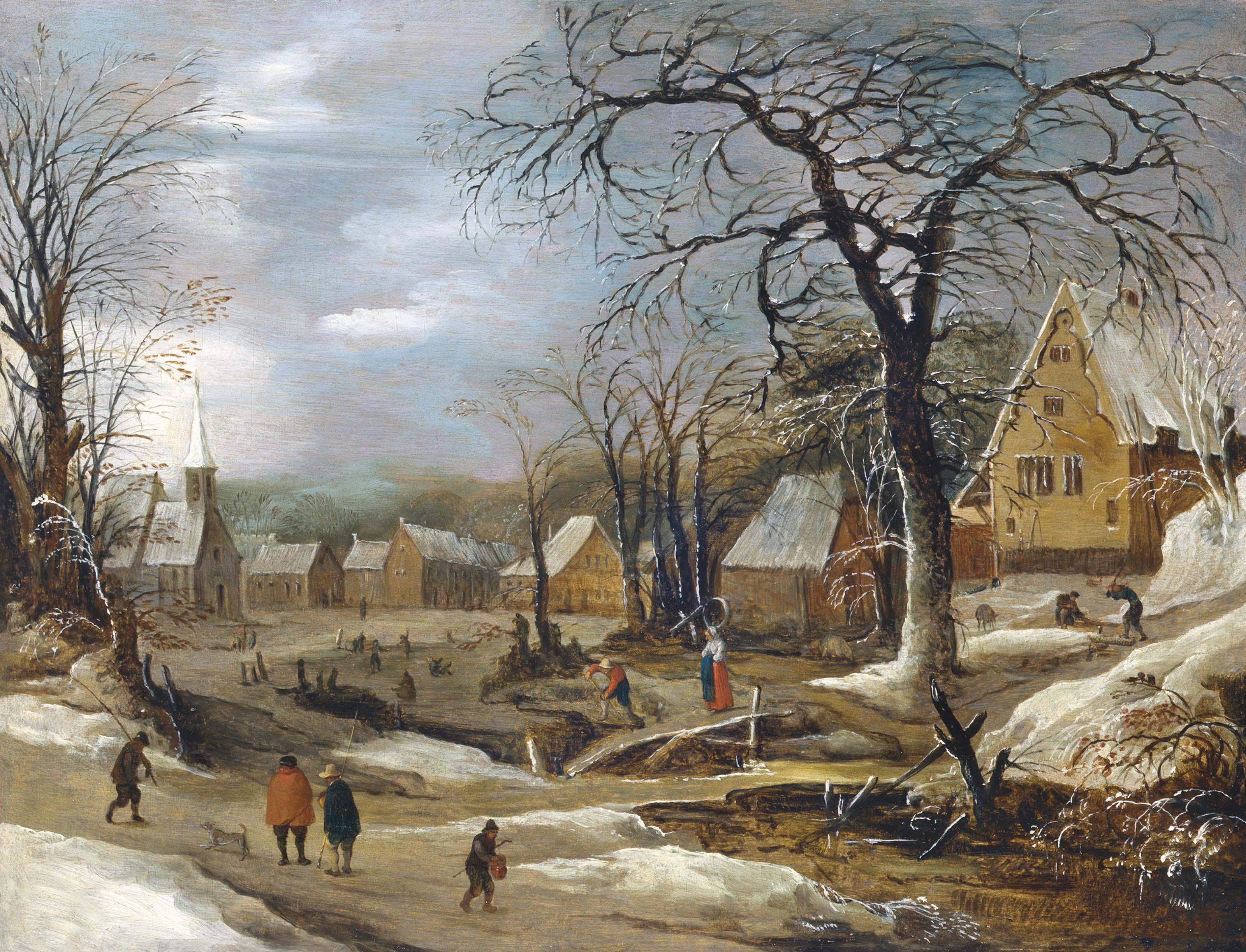 Frans de Momper - A winter landscape with figures by a frozen river in a village