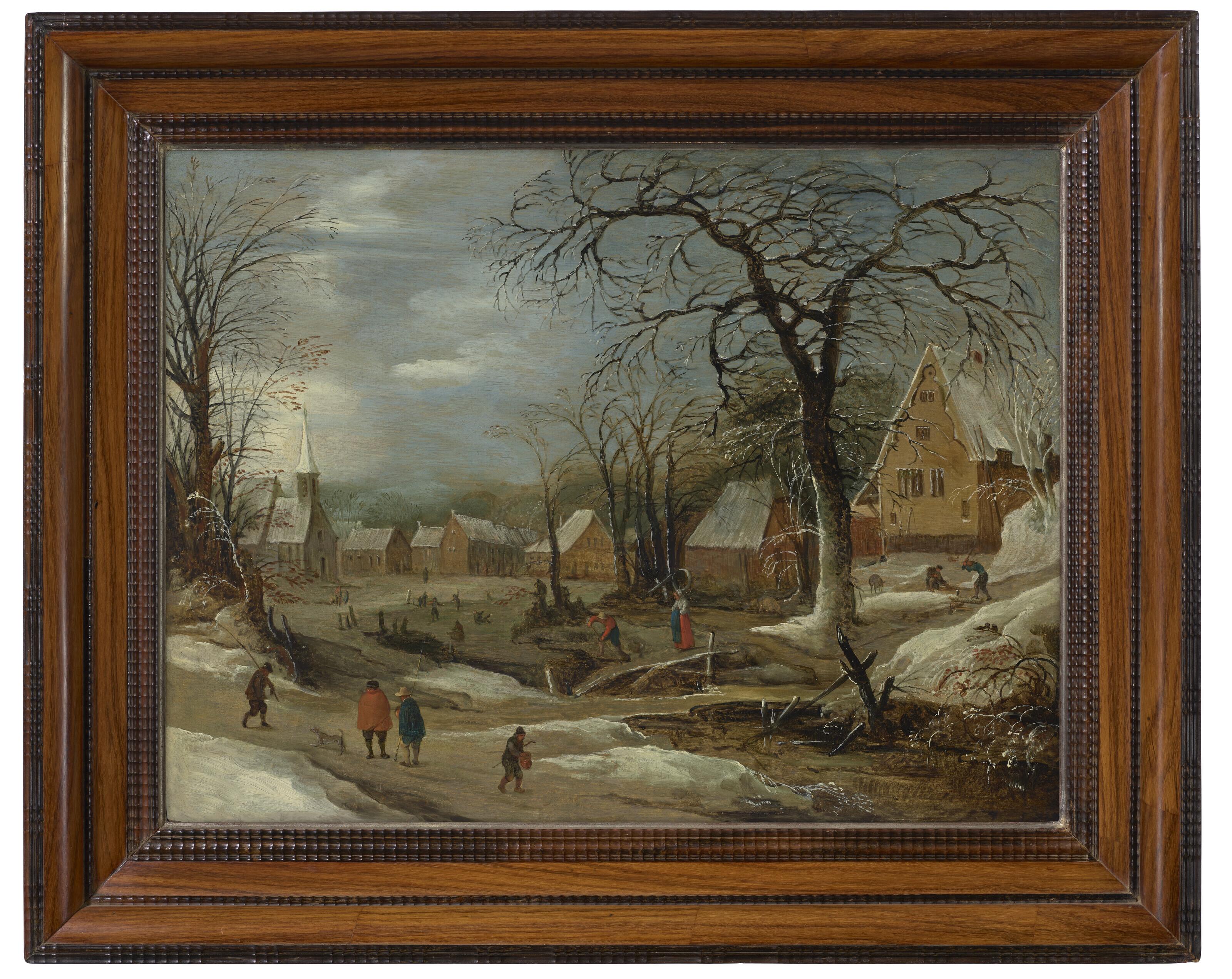 Frans De Momper - A winter landscape with figures by a frozen river in a village