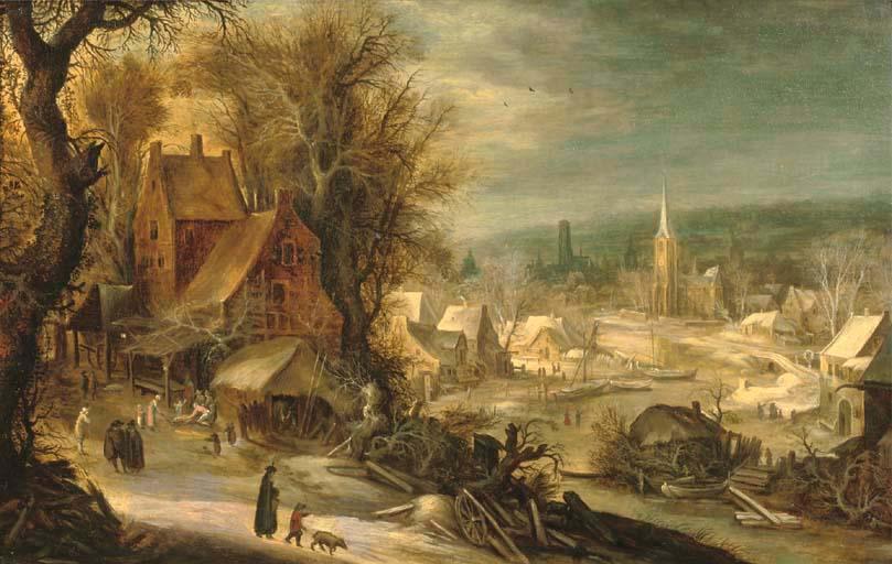 Frans de Momper - A Winter River Landscape With Figures On The Outskirts of A Village, A Town Beyond