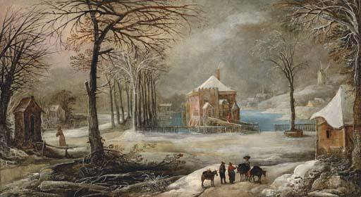 Frans de Momper - An extensive winter village landscape with peasants and their mules on a path