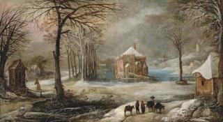 Frans de Momper - An extensive winter village landscape with peasants and their mules on a path