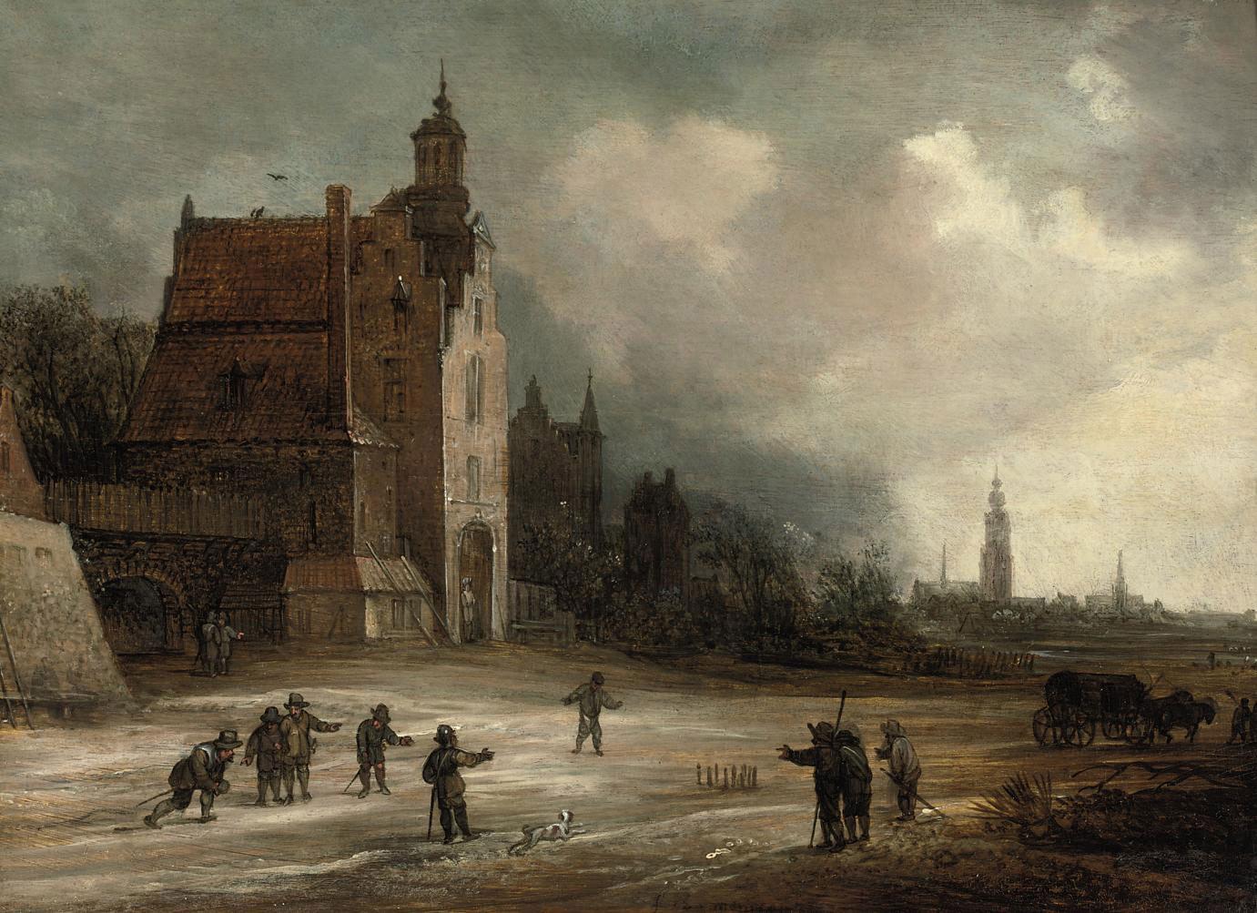 Frans de Momper - Soldiers playing skittles on a road by a manor house, a view of Breda beyond