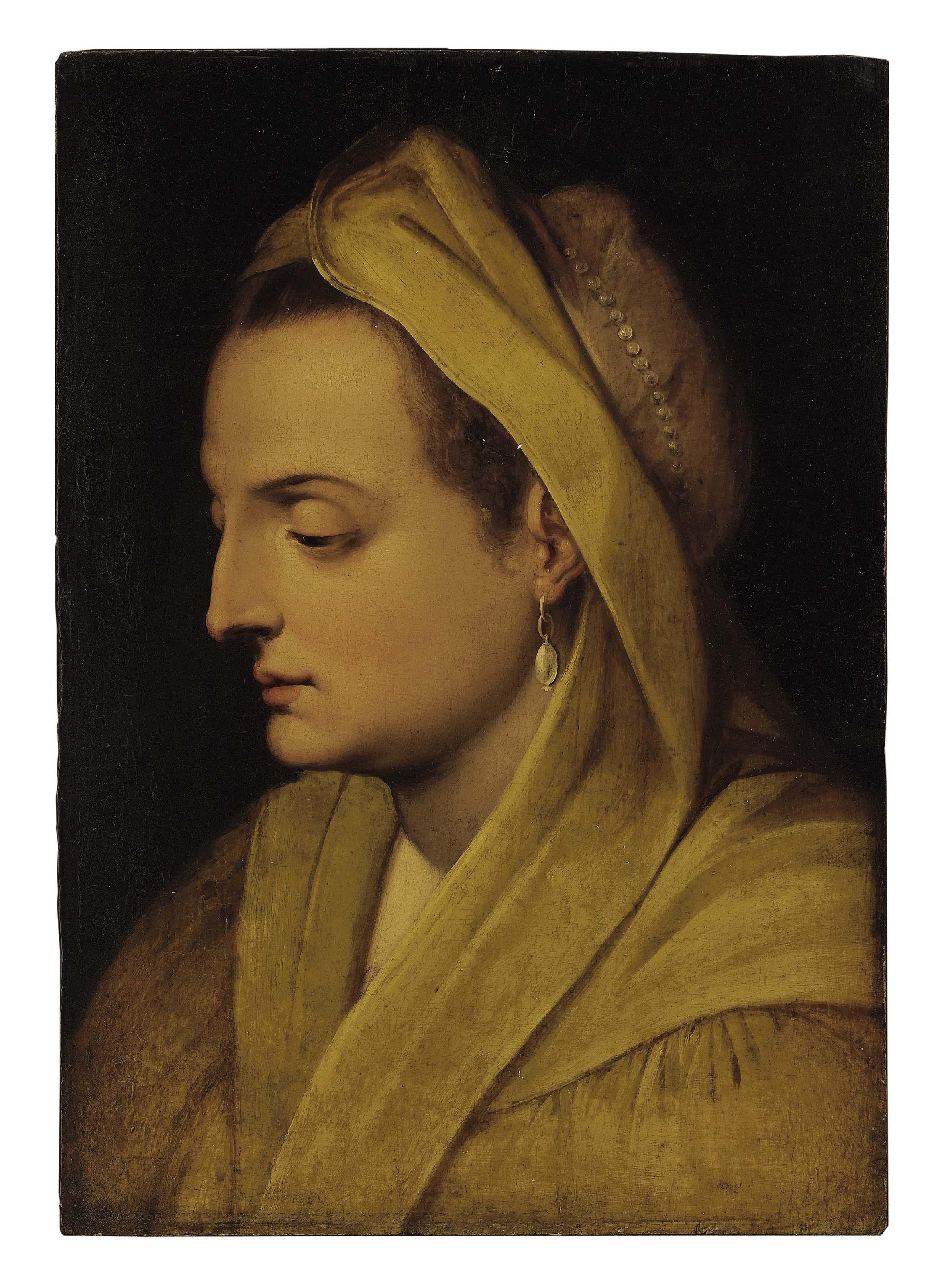 Frans Floris I - A head of a woman with a pearl earring