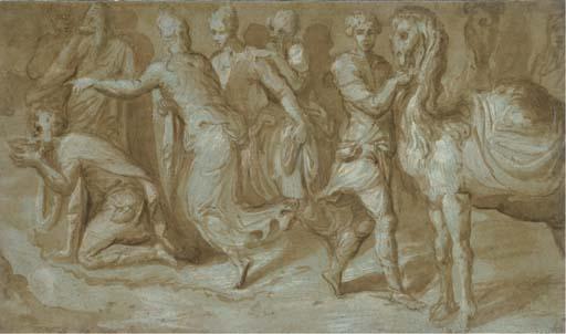 Frans Floris - Personnages buvant à une fontaine, un homme tenant un chameau sur la droite (recto); Deux têtes de vieillards (verso)