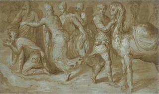 Frans Floris - Personnages buvant à une fontaine, un homme tenant un chameau sur la droite (recto); Deux têtes de vieillards (verso)