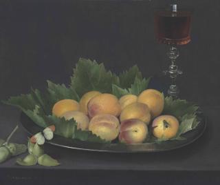 Frans Francken Ii - Apricots With A Fly And An Orange-Tip Butterfly On A Pewter Platter, With A Façon-De-Venise Wine Glass And Hazelnuts On A Stone Ledge