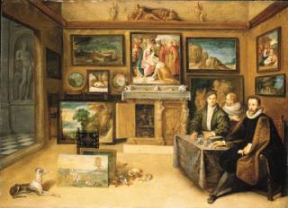 Frans Francken II - The interior of a collector\'s cabinet with Justus Lipsius and two constliefhebbers