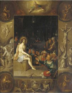 Frans Francken II - The Mocking of Christ, in a grisaille surround depicting God the Father, the Evangelists, The Crucifixion, The Resurrection and The Devil and Death with the Crowned Serpent