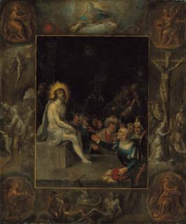 Frans Francken II - The Mocking of Christ, in a grisaille surround depicting God the Father, the Evangelists, The Crucifixion, The Resurrection and The Devil and Death with the Crowned Serpent