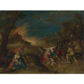Frans Francken The Younger - Soldiers Attacking Peasants Before A Burning Village (The Horrors Of War)