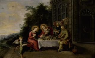 Frans Francken The Younger - The Holy Family Dining Outdoors While Served By Angels