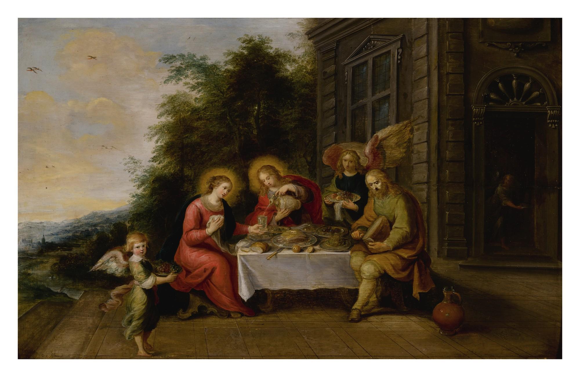 Frans Francken The Younger - The Holy Family Dining Outdoors While Served By Angels
