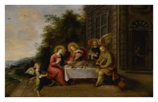 Frans Francken The Younger - The Holy Family Dining Outdoors While Served By Angels