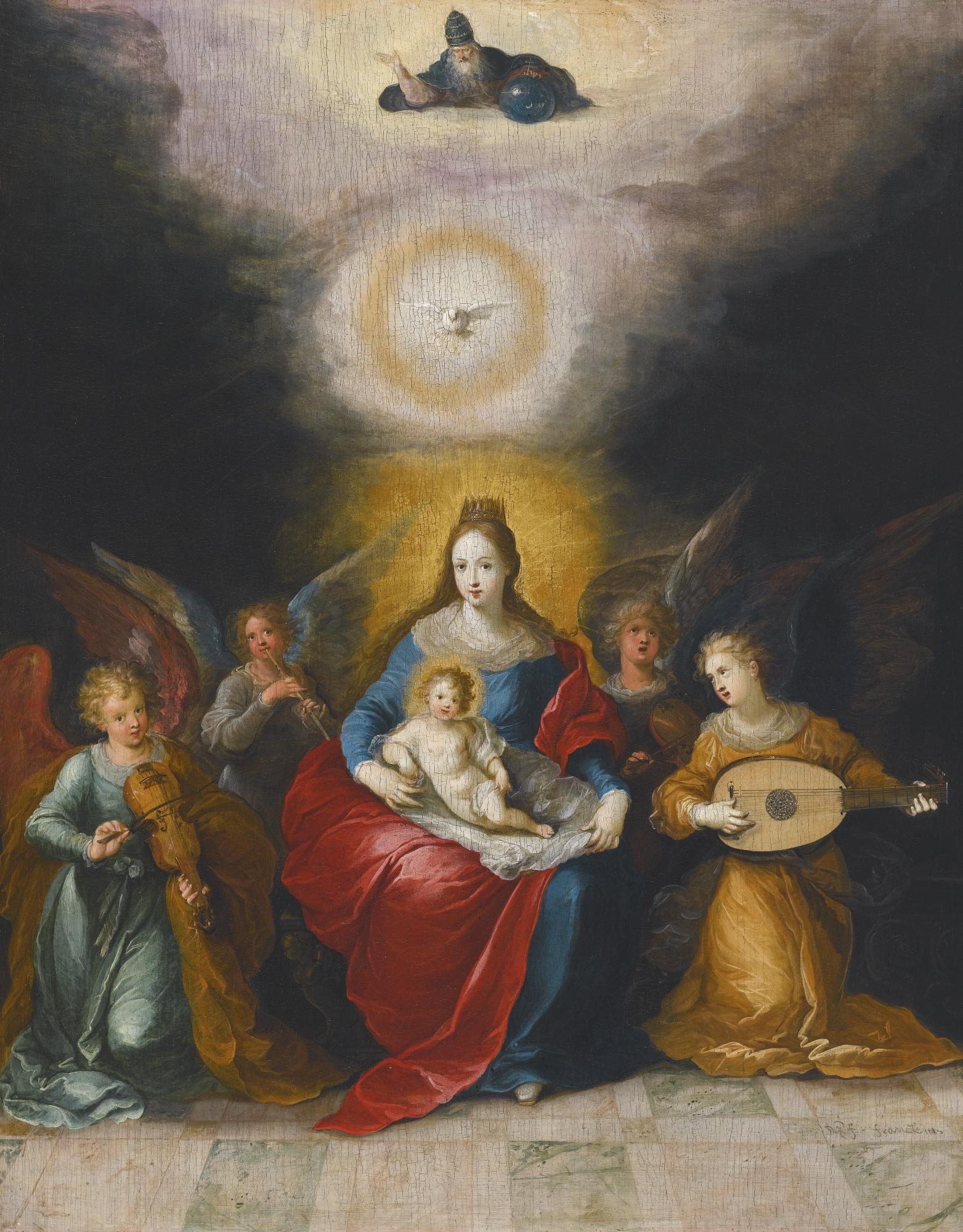 Frans Francken The Younger - The Virgin And Child Surrounded By Music-Making Angels, The Holy Spirit And God The Father Above